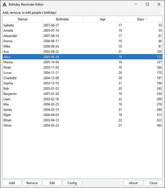 Birthday Reminder's window.